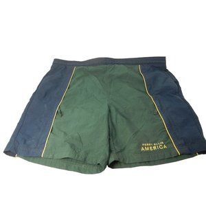 Vintage Perry Ellis America lined nylon blue, green, yellow trim swim trunks  Lg